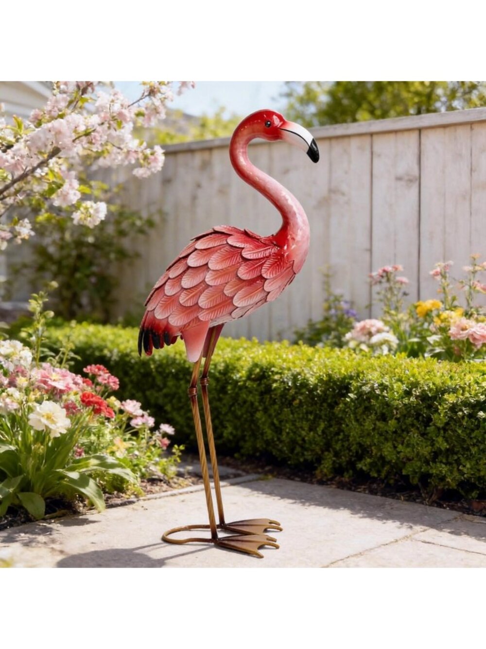 Pink Flamingo Garden Statue - Metal Yard Decor for Patio, Porch & Backyard